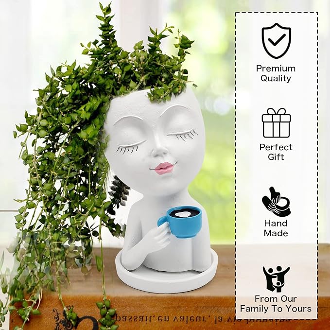 Face Flower Pot Head Planter for Indoor Outdoor, Unique Succulent Planter with Drainage Hole, Cute Lady Face Plant Pots Coffee Table Decor Gift IdeaI for Mother and Appreciation Christma
