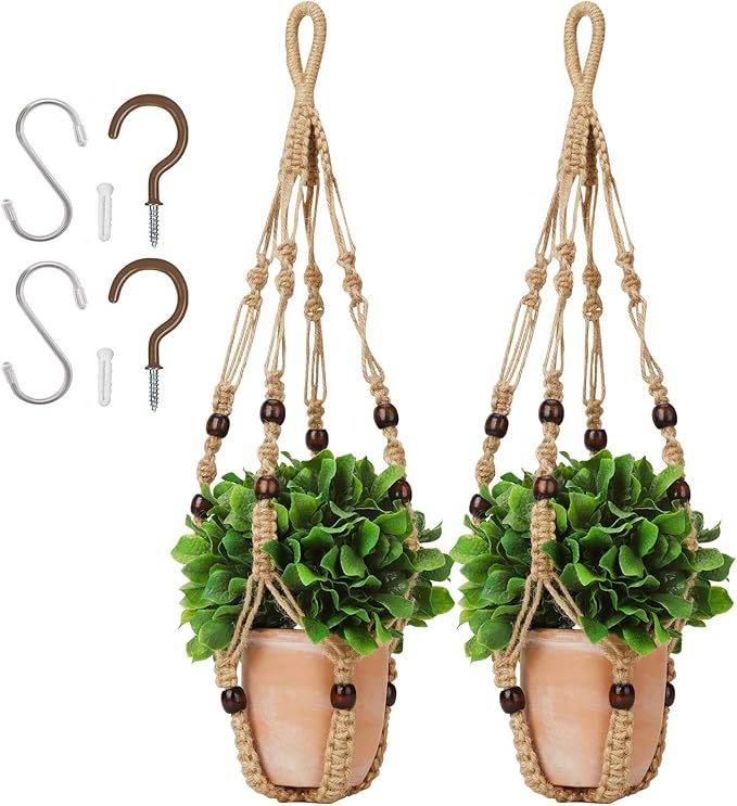 Macrame Plant Hanger 23", Set of 2 No Tassel Hanging Plant Holder Indoor, Sturdy Flower Pot Holder with Hooks - Brown (Pot NOT Included)