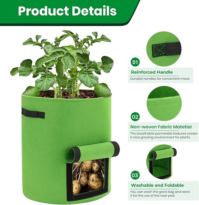 6 Pack Potato Grow Bags, 10 Gallon Planting Bags Large Fabric Pots with Flap Window Vegetable Planter Garden Pot Tall Potato Growing Containers with Handles for Vegetables, Fruits, Green + Orange