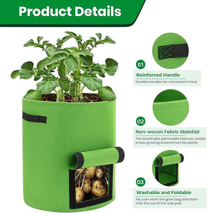 6 Pack Potato Grow Bags, 10 Gallon Planting Bags Large Fabric Pots with Flap Window Vegetable Planter Garden Pot Tall Potato Growing Containers with Handles for Vegetables, Fruits and More, Green