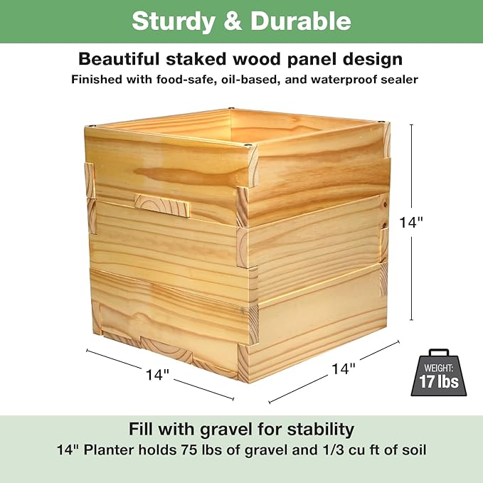 Large Decorative Wooden Planter w/ Universal Pole Support for String Light Poles, Umbrellas, Bird Feeders. Solid Wood Outdoor Garden Patio Box For Plants(Does not include Pole), 14"x14"x14", Natural