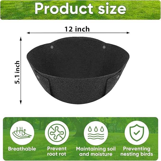 HKZ Hanging Planter Basket Liners - 4 Pack 12 Inch Round Fabric Liners for Hanging Baskets, Replacement Coco Fiber Liner, Durable Non-Woven Liners for Hanging Baskets Planters Flowers, Plants (Black)