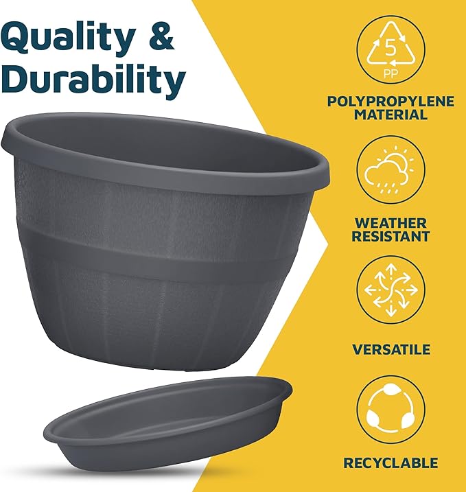 10-Inch Whiskey Barrel Planters Outdoor Pack of 5 - Durable Plastic Plant Pots for Indoor & Outdoor Use with Drainage & Saucer, Lightweight Rustic Barrel Planters for Flowers, Herbs & Small Plants