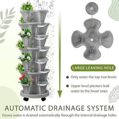 Umigy 2 Set of 7 Tier Vertical Planter Stackable Tower Planters Strawberry Herb Flower and Vegetable Pots Indoor Outdoor Gardening Pots with Removable Wheels and Tools(Light Gray)