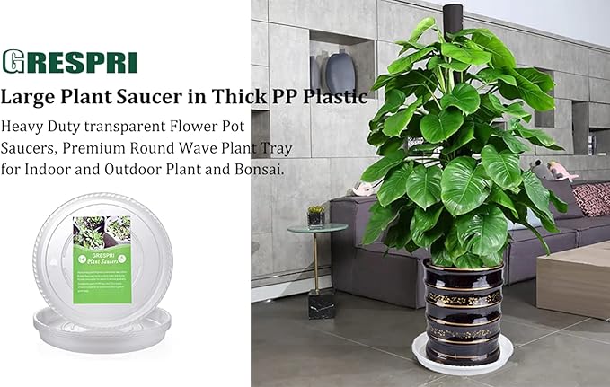Clear Plant Saucers 14 Inches for Indoors and Outdoors, 6 Packs Heavy Duty Plastic Plant Trays with 12.5 Inches Bottom Diameter, 5 Gallon Grow Bag Saucer.