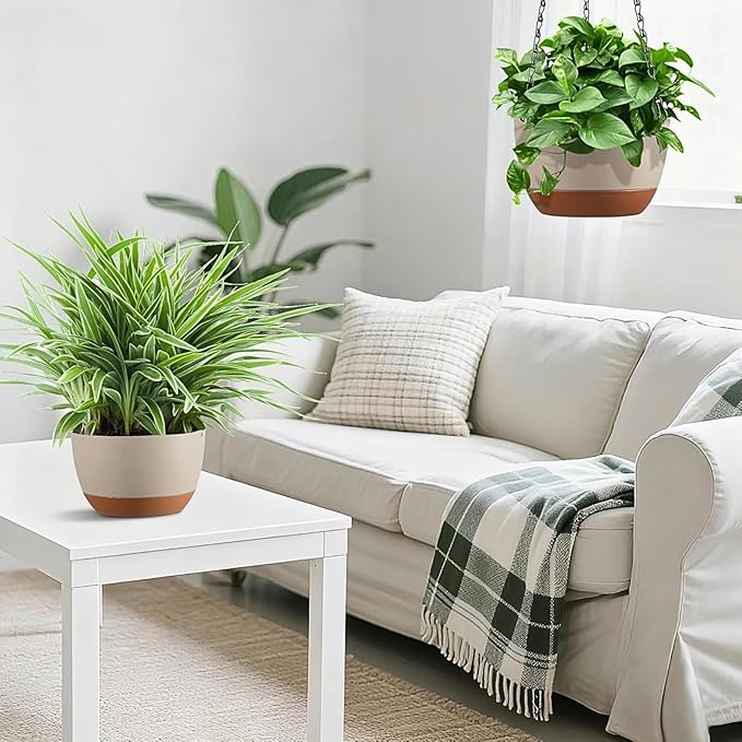 Hanging Planters for Indoor Plants, Set of 2 8/10 Inch Self-Watering Hanging Pots with Drainage Hole & Removable Water-Storage Tray II Screw-in Hooks II