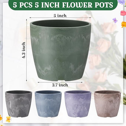 5 Pack Flower Pots 5 Inch Outdoor Plant Pots for Indoor Marble Pattern Plastic Tree Planters with Drainage Holes Gardening Gifts for Patio Home Garden Desk Decoration