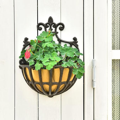 Sungmor 2PC Small Cast Iron Baskets, Heavy-Duty Wall Hanging Hollow Planter w/Fabric Liner, Antique Victoria Half Round Wall Pot Plants Holder, Outdoor Railing Fence Balcony Hanging Basket Flower Pot