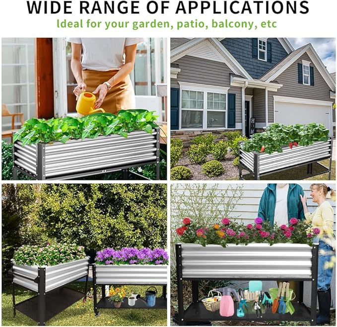 Elevated Metal Raised Garden Bed, Large Outdoor Metal Planter Box Big Flower Plant Pot for Planting Flowers Vegetables and Herbs (Silver, Medium)