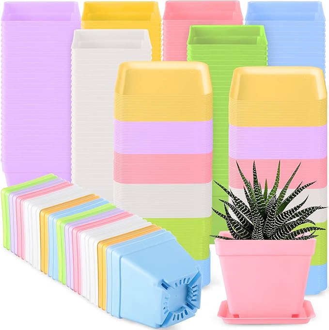 Amyhill 4 Inch Flower Pots Square Plants Nursery Pot Plastic Plant Seedling Pots Nursery Transplanting Planter Container with Saucer for Indoor Herbs Succulent Balcony Garden(Classic Color,160 Pcs)