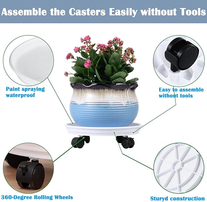 Planterhoma 4 Packs Heavy-Duty Plastic Plant Caddy with Wheels - 11.8" Rolling Plant Stand - Strong Load Bearing - 360 Rotated Wheels - Indoor/Outdoor Use
