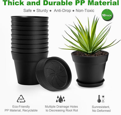 10 Pack Plastic Plant Pots with Drainage Holes and Tray, 6 inch Thickened Indoor Planters Seedlings Nursery Pots for Flowers, African Violet, Succulent and All House Plants, Black