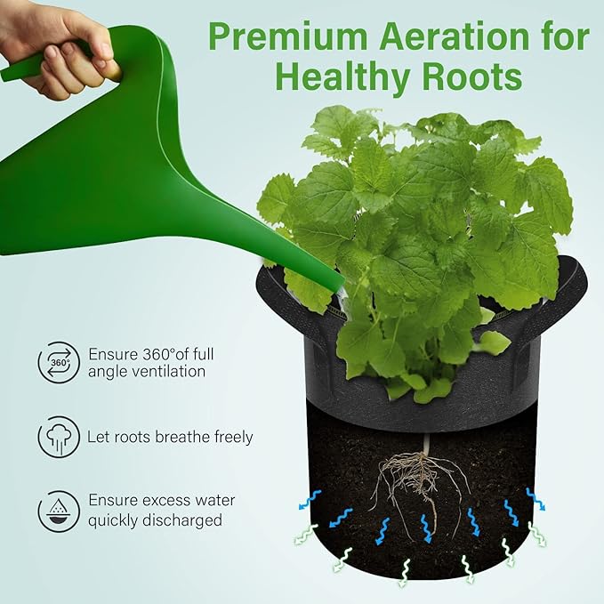 iPower 5-Gallon 10-PCS Thickened Grow Bag Nonwoven Fabric Pots with Handles Heavy Duty Aeration Container for Garden and Planting Vegetable Flowers, Black with Green Stitch Sewing