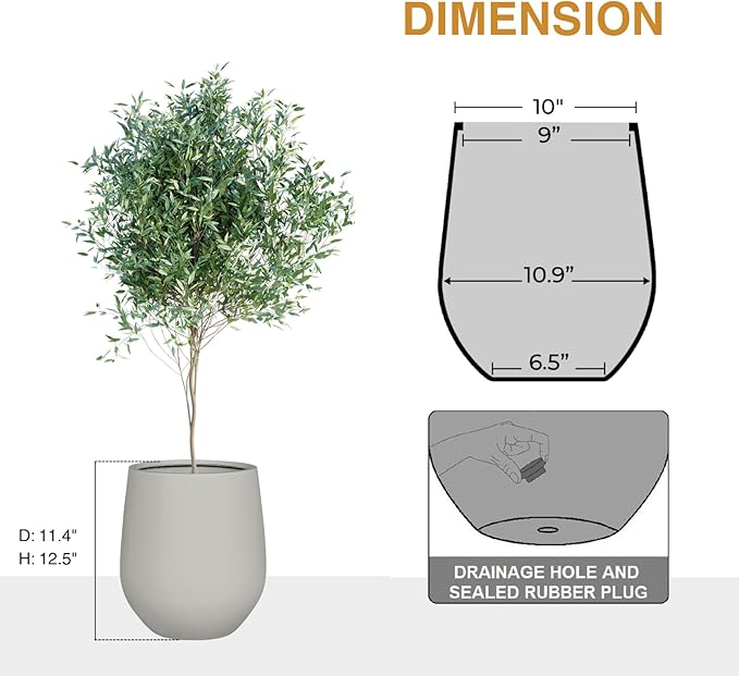 12.5" H x 11.4" D Corso Fiberstone Round Tapered Planter with Drainage Hole, Smooth Finishes, Weather Resistant, Included 2 Extra Coco Mats (Light French Gray, 9" Pot Opening)