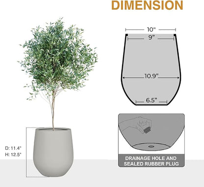 12.5" H x 11.4" D Corso Fiberstone Round Tapered Planter with Drainage Hole, Smooth Finishes, Weather Resistant, Included 2 Extra Coco Mats (Light French Gray, 9" Pot Opening)