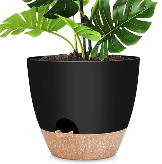 12 inch Large Self Watering Plant Pots, Flower Pots Planters with Multi Mesh Drainage Holes for Indoor Outdoor Garden Plants and Flowers.（Black）