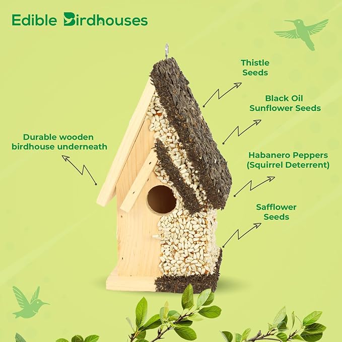 Edible Birdhouse - Birdseed Bird Feeder, Wooden Birds House Covered in Wild Bird Food, Squirrel Resistant Birds Feeders for Outside Hanging, Watching Gift for Garden Lovers, (TD)
