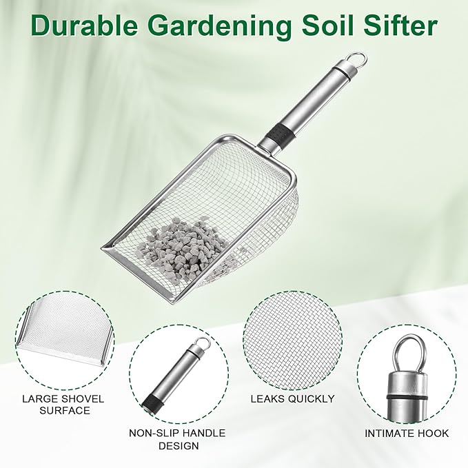 2-Pack Gardening Soil Sifter, 4/6 mm Mesh Stainless Steel Sand Soil Compost Sieve with Stainless Steel Handle for Sand/Dirt/Rock Compost [Silver Tone]