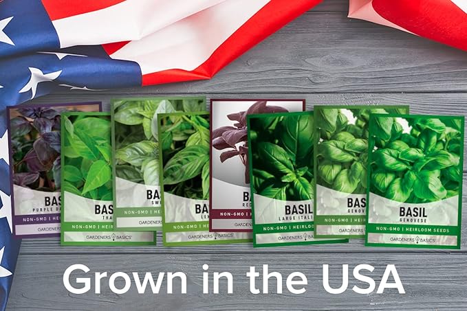 Gardeners Basics, Basil Seeds for Planting Home Garden - 8 Variety Herb Pack Genovese, Large Leaf, Lemon, Thai, Red Rubin, Cinnamon, Sweet and Purple Opal Basil Herb Seeds for Indoors & Outdoors