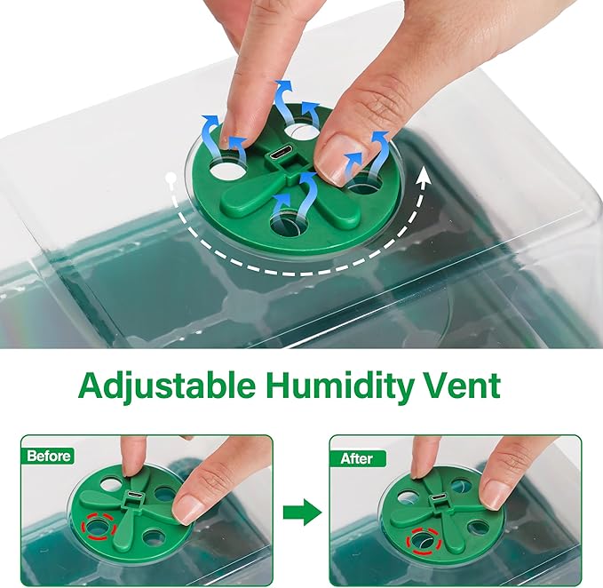 Bonviee 5 Packs Seed Starter Tray with Plant Light, Elevated Seedling Starter Trays Kits with Adjustable Humidity Domes and Clear Cell Tray, 12 Full Spectrum led lamp Beads for Plants Indoor-Green