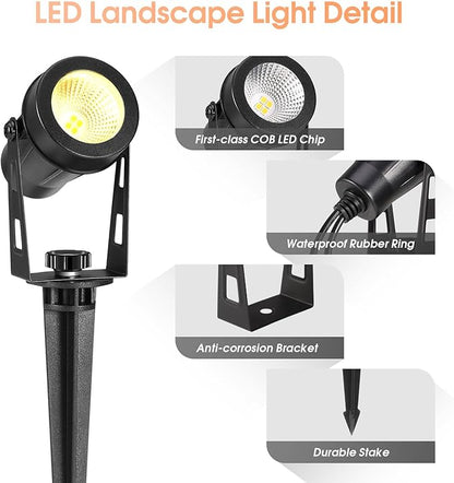 Low Voltage Landscape Lights 6 Pack, 69ft Cable Spotlight Outdoor with 12V Transformer, IP65 Waterproof Plug in Spot Lights 2700K Warm White for Yard, Plant, Lawn, Tree, Flags, Garden