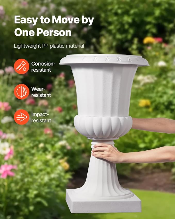 VEVOR Plastic Urn Planters, 15.8 x 26.4 Inch, 2 Pack White Classic Flower Pots Front Porch Planters, Indoor & Outdoor Vase for Wedding, Party, Event, Home, Stage, Garden, Balcony, Patio Decoration