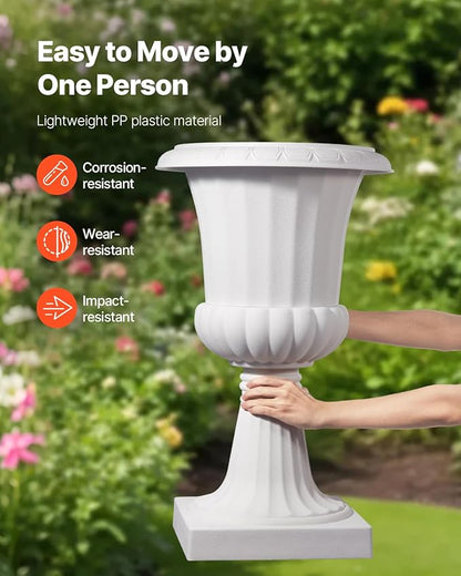 VEVOR Plastic Urn Planters, 15.8 x 26.4 Inch, 2 Pack White Classic Flower Pots Front Porch Planters, Indoor & Outdoor Vase for Wedding, Party, Event, Home, Stage, Garden, Balcony, Patio Decoration