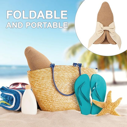 DRESHOW Sun Hats for Women Travel Fedora Foldable Beach Sun Hat Summer Wide Brim Straw Bucket Hat with Bowknot UPF 50+