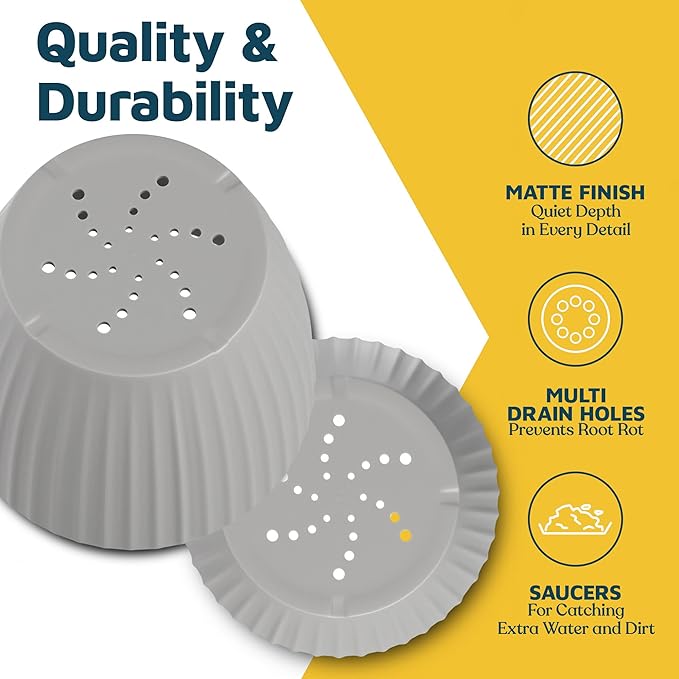 Gray 6-Inch Plant Pots with Drainage & Saucers 24 Pack, Indoor & Outdoor Planters for Houseplants, Herbs, and Flowers, Durable & Weatherproof Material, Stackable, Lightweight, Minimalist Design