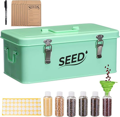 Seed Storage Organizer, Metal Seed Storage Box with Lid and Safety Locks, Seed Bin Packet Container with 12 Seed Bottles, 20 Seed Envelopes, Funnel, Marker Pen and Label Stickers