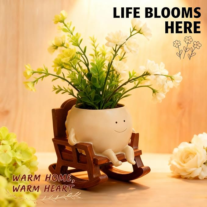 4 Inch Rocking Chair Smiley Face Planter Pots with Drainage Hole, Resin Flower Pot for Succulents, Cute Plant Pot Indoor Outdoor, Perfect for Spring Decor, Unique for Plant Lovers