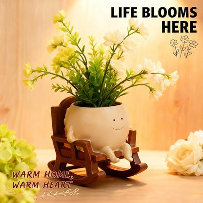 4 Inch Rocking Chair Smiley Face Planter Pots with Drainage Hole, Resin Flower Pot for Succulents, Cute Plant Pot Indoor Outdoor, Perfect for Spring Decor, Unique for Plant Lovers
