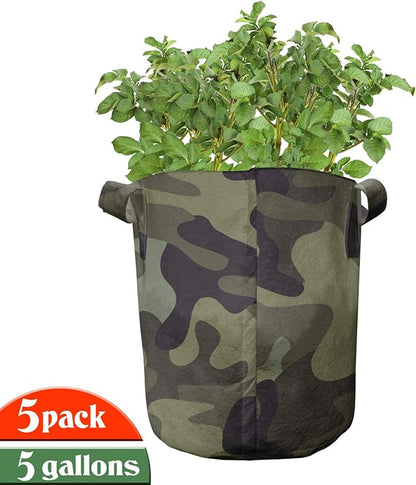 Ambesonne Khaki Grow Bags 5-Pack, Camouflage Motif Camo Stains, Heavyduty Fabric Pots with Handles for Plants, Green Brown