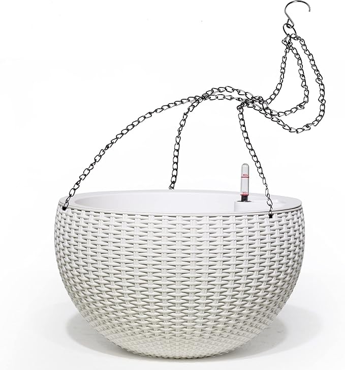 Dexceder 13.5 Inch Large Self Watering Hanging Planters Indoor Outdoor, Thickened Hanging Basket Flower Plant Pot with Water Level Indicator (White)
