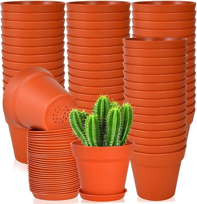June Fox 60 Pack Small Plant Pots Indoor 4 Inch Plastic Planter with Drainage Holes and Saucers Premium Terracotta Pots Bulk for Succulent, African Violets, Flowers, Seed Starting