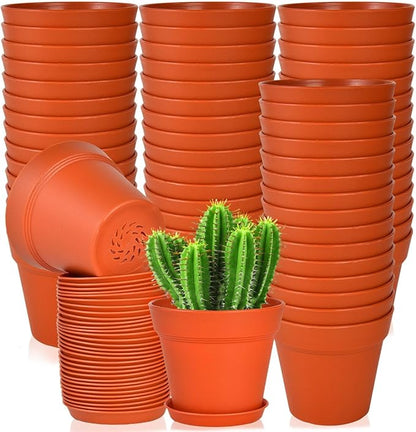 June Fox 60 Pack Small Plant Pots Indoor 4 Inch Plastic Planter with Drainage Holes and Saucers Premium Terracotta Pots Bulk for Succulent, African Violets, Flowers, Seed Starting