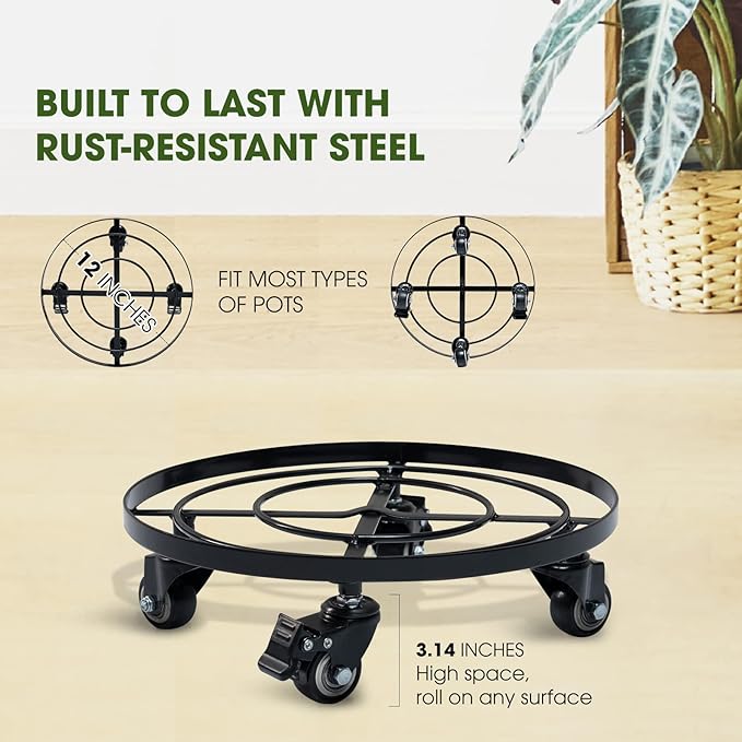 Idzo Round Heavy Duty Plant Caddy with Wheels, Cast Iron Plant Dolly, Plant Stand with Wheels, Load Capacity 180 Lbs, Repositioning Heavy Pots, Hauling Heavy Household Items, 14 Inch - Black