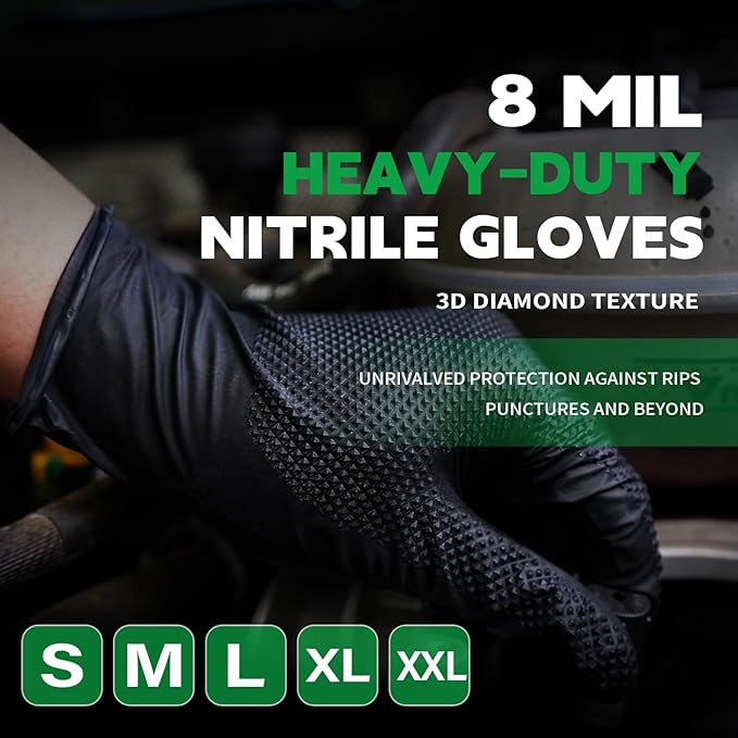 FINITEX Industrial Diamond Texture Nitrile Black Glove - 100/1000PCS Chemical Resistant 8mil Mechanic Disposable Gloves