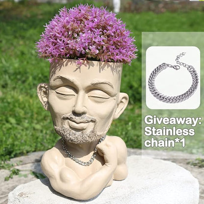 Unique Plant Pots Face Planters, Funny Plant Pots Head Planter, Men Face Planters Pots Head, Beefcake Face Vase with Drainage Hole (Khaki)