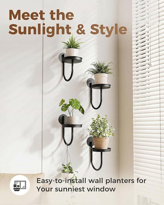 Leaf&lull Wall Plant Holder Planter with Wall Planters for Indoor Plants Plant Hanger Hanging Plant Holder Wall Hanging Decor 4 Pack Black