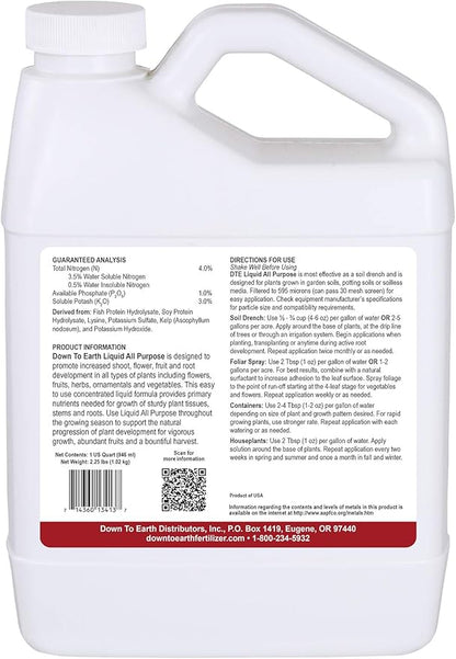 Down To Earth All Natural Fertilizers Organic Liquid All Purpose Concentrate - Plant Food for Vegetable Gardens - Makes up to 32 Gallons 4-1-3, 32 oz