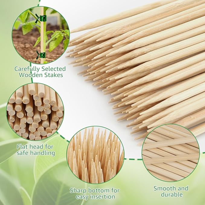 Bamboo Plant Stakes, 100 Pack 16" Sturdy Flower Sticks with Garden Ties, Garden Wood Plant Support Stakes for Orchid Holder, Floral Picks, Potted Plants, Wooden Sign Posting