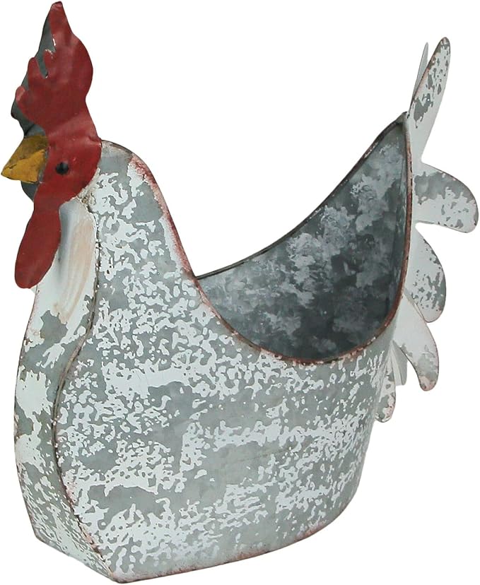Charming Weathered White Metal Rooster Planter for Indoor and Outdoor Country Farmhouse Decor - Rustic Garden or Porch Accent Measuring 15.5 Inches Long