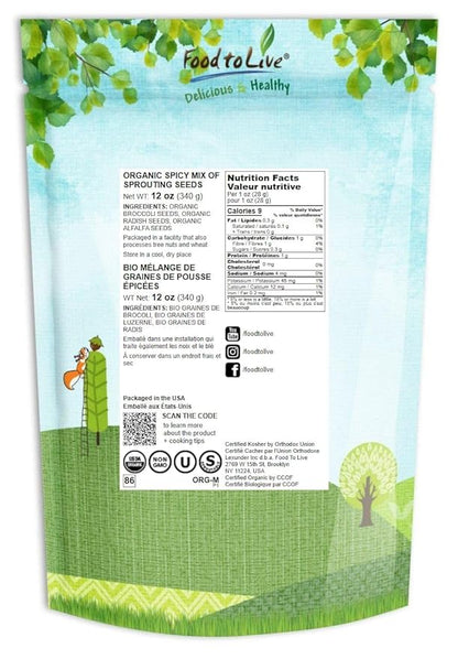 Food to Live Organic Spicy Mix of Sprouting Seeds, 12 Ounces — Non-GMO Broccoli, Radish, Alfalfa, Raw, Rich Germination Rate, Non-Irradiated, Pure, Kosher, Vegan Superfood, Bulk, Rich in Sulforaphane