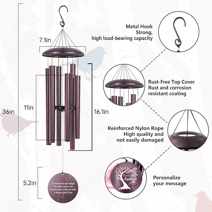 Personalized Cardinal Sympathy Wind Chimes, Deep Tone 30/36/45 inch Wind Chimes Sympathy Gifts for Loss of Loved One, in Loving Memory Windchimes for Loved Ones Lost, Garden Decor, Produced in USA