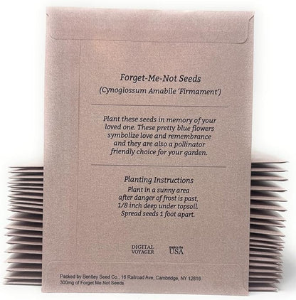 Forget Me Not Seeds - Memorial Funeral Favors - Memories Too Beautiful - 3.25x4.5 inches - Prefilled Seed Packets - Ready to Give - Pack of 20
