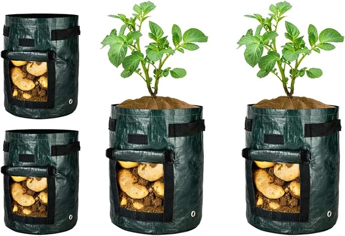 iPower 4 Pack 10 Gallon Potato PE Grow Bags with Flap, Garden Planting Nonwoven Fabric Pots with Reinforced Handle, Heavy Duty and Aeration Planter Pot for Tomato, Fruits, Vegetables and Flowers