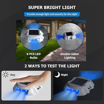 JIGUOOR Solar Deck Lights LED Driveway Lights Solar Powered Dock Light Outdoor IP68 Waterproof Road Markers for Step Sidewalk Stair Boat Garden Ground Pathway Yard (Blue, 1 Pack)