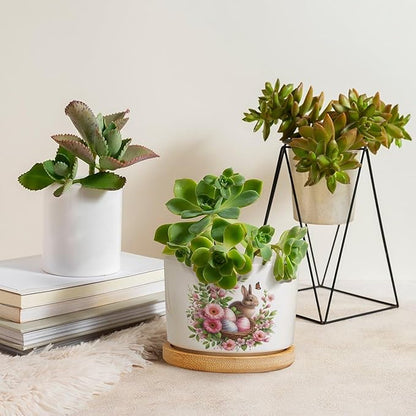 Vintage Easter Bunny with Pink Flower Ceramic Planters Ceramic Pots With Saucers Orchid Pots for Plants Succulents Pots Office Desk Garden Balconys New Home Decor,Gifts for Mom Mother Grandmother