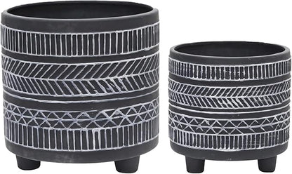 Set of 2 Tribal Look Footed Decorative Planter Pot – Ceramic Stoneware Outdoor and Indoor Plant Pot – Modern Garden and Home Decor Planters – 6" and 8", Black